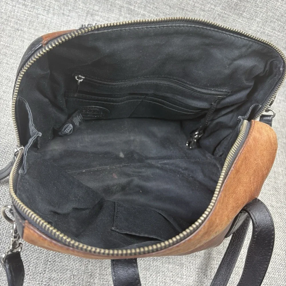 Fossil Sydney Satchel Brown Black Leather Crossbody Bag Two Tone Boho Purse